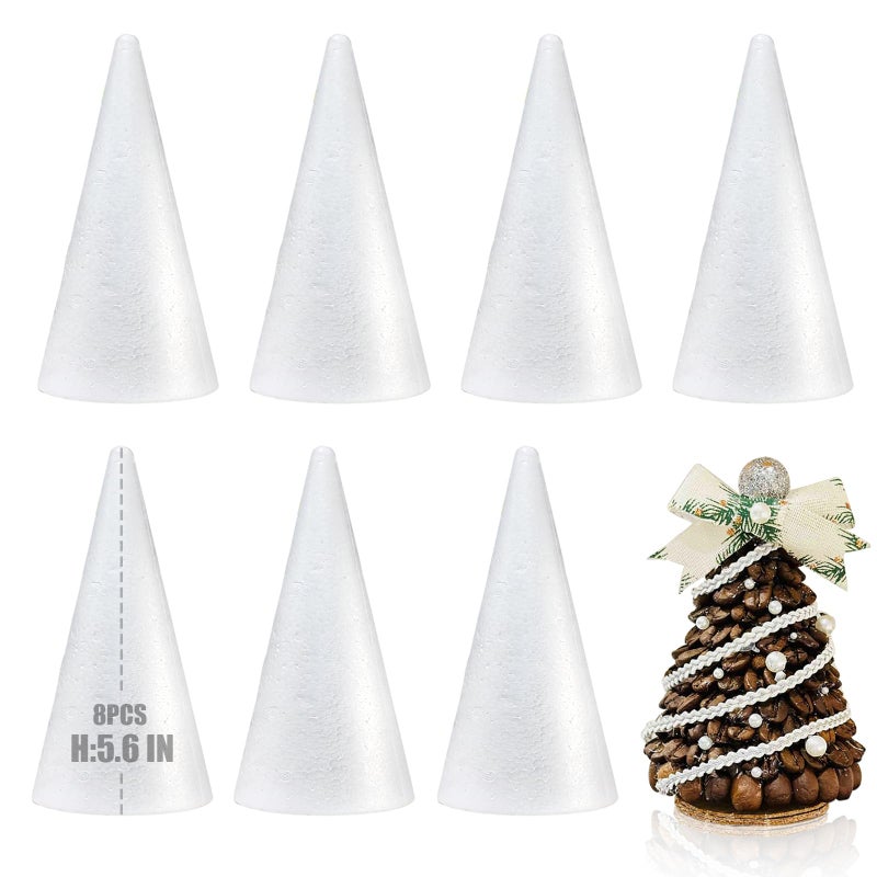 AHKUNMT 8 Pack Styrofoam Cones for Craft, 5.6x2.5in Craft Foam Tree Cones, White Small Polystyrene Foam Cones for Craft Use for DIY Art Projects, Christmas Tree Holiday Decor (5.6 * 2.5in-8pc) - Image 1